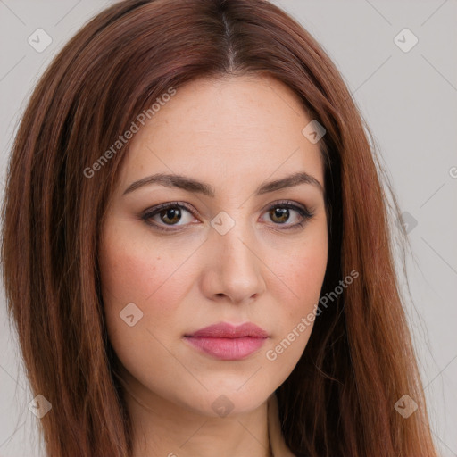 Neutral white young-adult female with long  brown hair and brown eyes