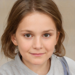 Joyful white child female with medium  brown hair and brown eyes