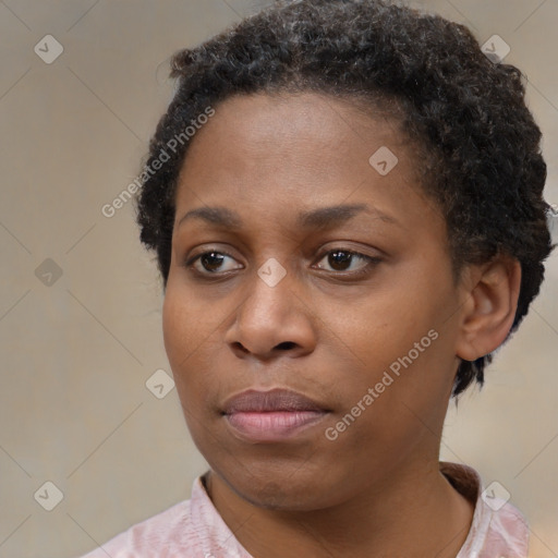 Neutral black young-adult female with short  brown hair and brown eyes