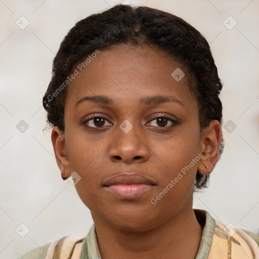 Neutral latino young-adult female with short  brown hair and brown eyes