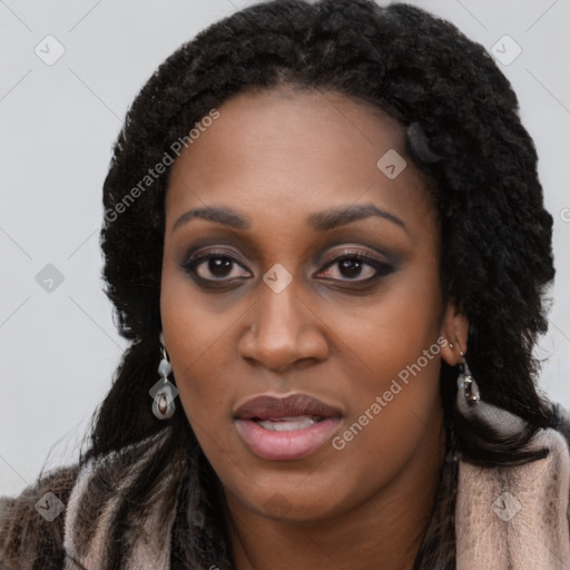 Joyful black young-adult female with long  black hair and brown eyes