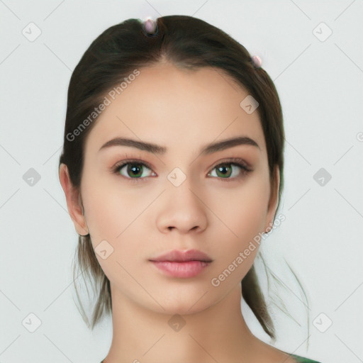 Neutral white young-adult female with medium  brown hair and brown eyes