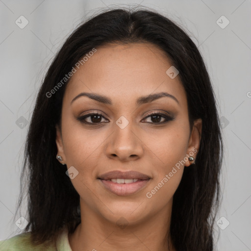 Joyful latino young-adult female with long  brown hair and brown eyes