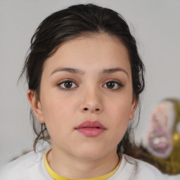 Neutral asian young-adult female with medium  brown hair and brown eyes