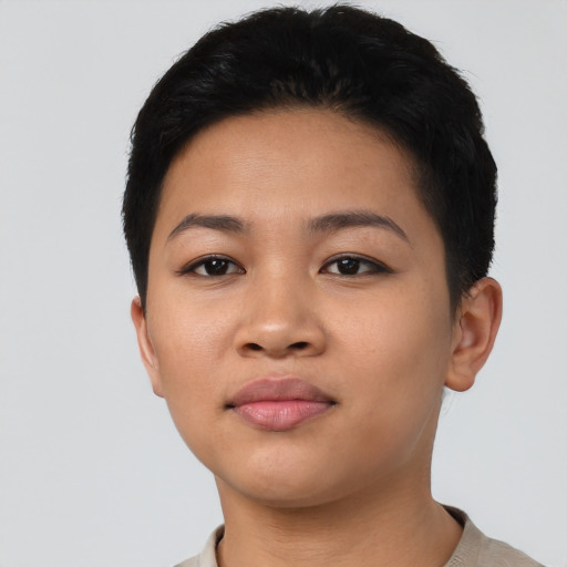 Neutral latino young-adult female with short  black hair and brown eyes