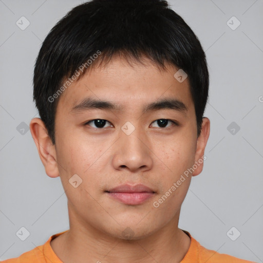 Neutral asian young-adult male with short  brown hair and brown eyes