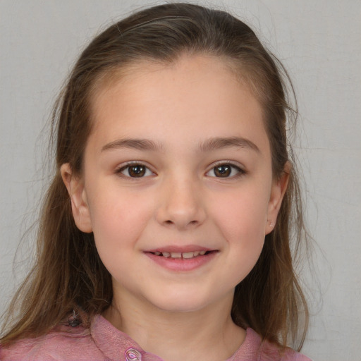 Joyful white child female with medium  brown hair and brown eyes