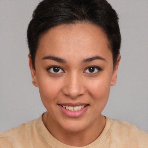 Joyful white young-adult female with short  brown hair and brown eyes