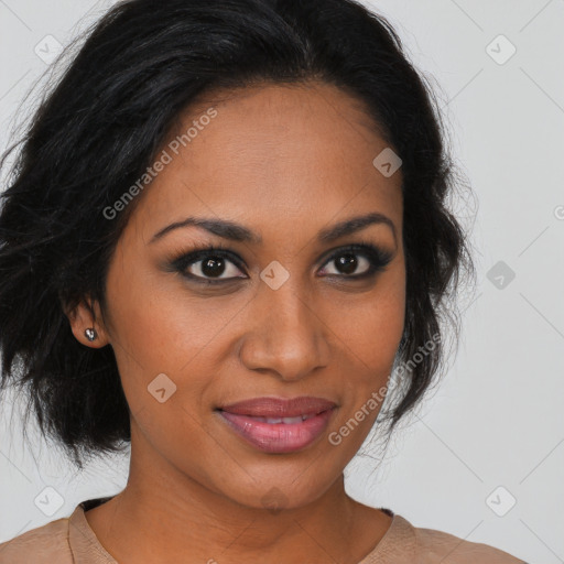 Joyful black young-adult female with medium  brown hair and brown eyes