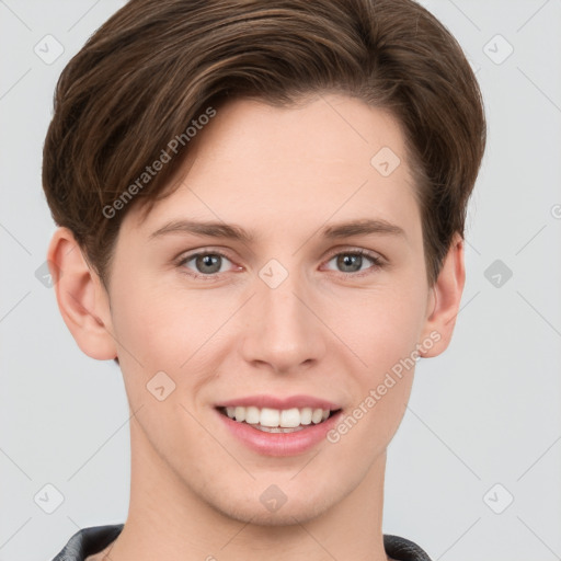 Joyful white young-adult female with short  brown hair and grey eyes