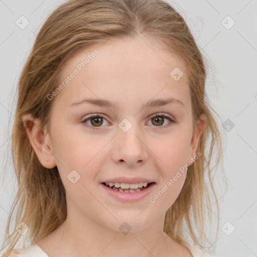 Joyful white child female with medium  brown hair and brown eyes