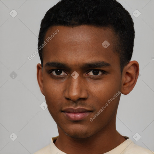 Neutral black young-adult male with short  black hair and brown eyes