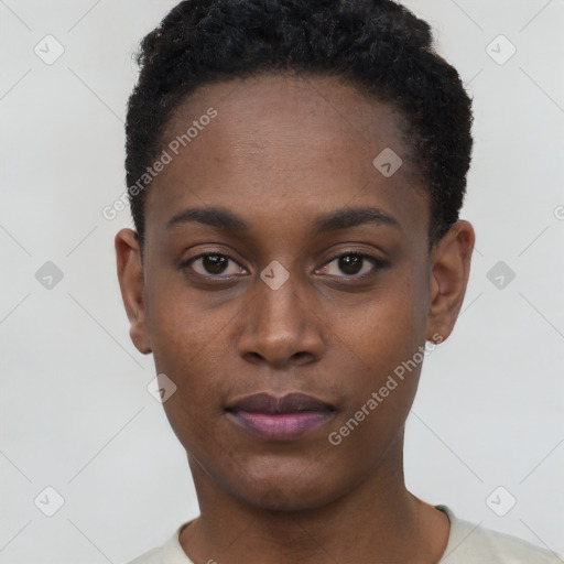 Neutral black young-adult female with short  black hair and brown eyes