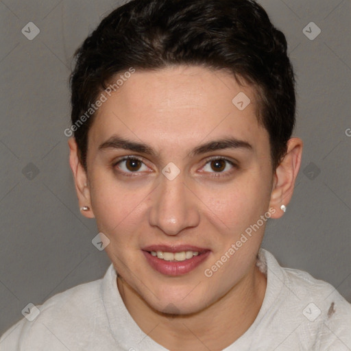 Joyful white young-adult female with short  brown hair and brown eyes