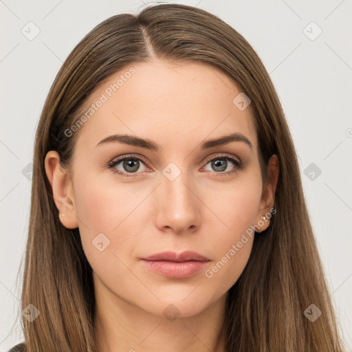 Neutral white young-adult female with long  brown hair and brown eyes