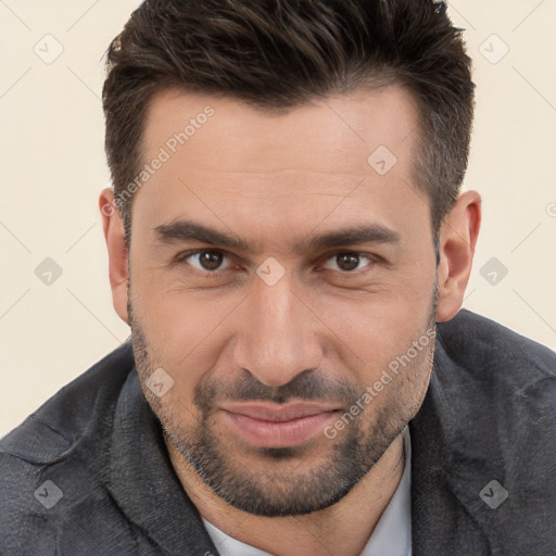 Joyful white young-adult male with short  brown hair and brown eyes