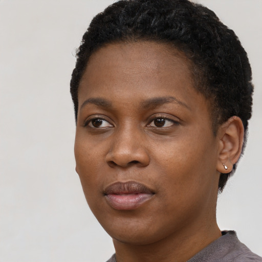 Joyful black young-adult female with short  black hair and brown eyes