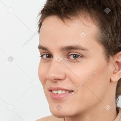 Joyful white young-adult male with medium  brown hair and brown eyes