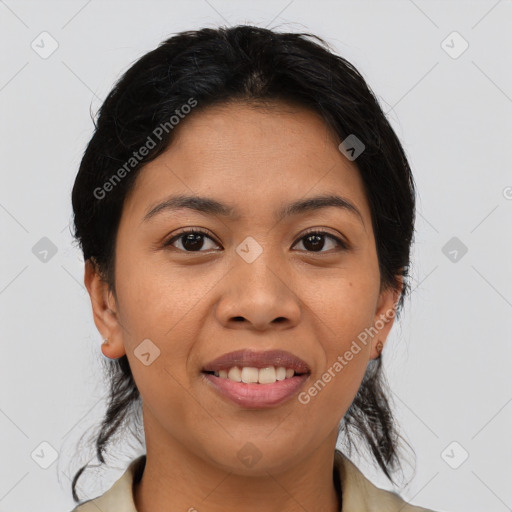 Joyful asian young-adult female with long  brown hair and brown eyes