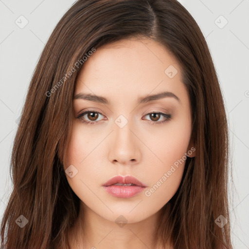 Neutral white young-adult female with long  brown hair and brown eyes