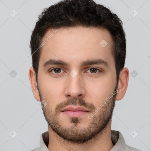 Neutral white young-adult male with short  brown hair and brown eyes