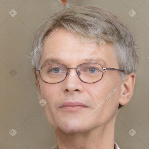 Neutral white middle-aged male with short  gray hair and brown eyes