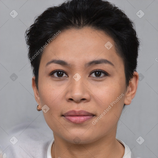 Joyful asian young-adult female with short  brown hair and brown eyes