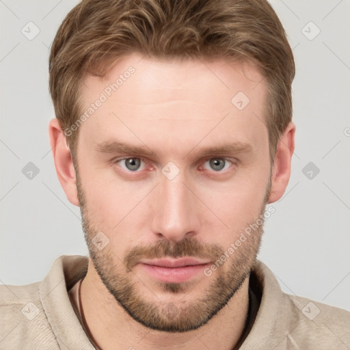 Neutral white young-adult male with short  brown hair and grey eyes