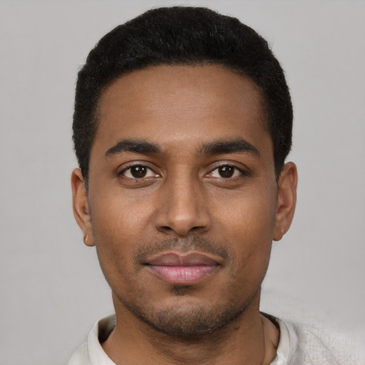 Neutral black young-adult male with short  black hair and brown eyes