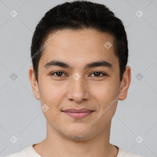 Joyful latino young-adult male with short  brown hair and brown eyes