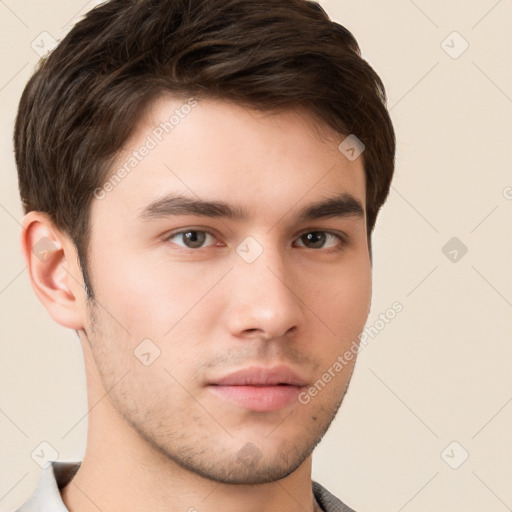 Neutral white young-adult male with short  brown hair and brown eyes