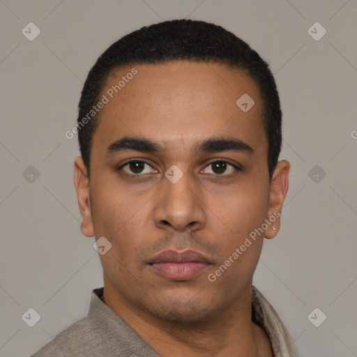 Neutral latino young-adult male with short  black hair and brown eyes