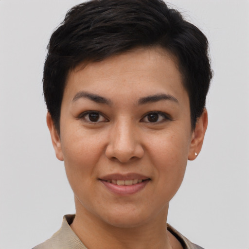 Joyful white young-adult female with short  brown hair and brown eyes