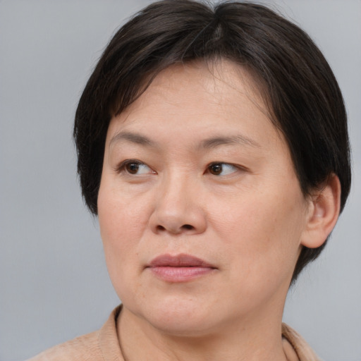 Joyful asian adult female with medium  brown hair and brown eyes