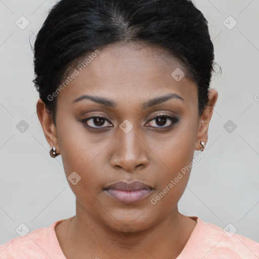 Neutral latino young-adult female with short  brown hair and brown eyes