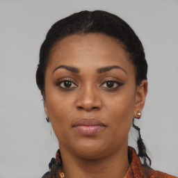 Neutral black young-adult female with short  black hair and brown eyes