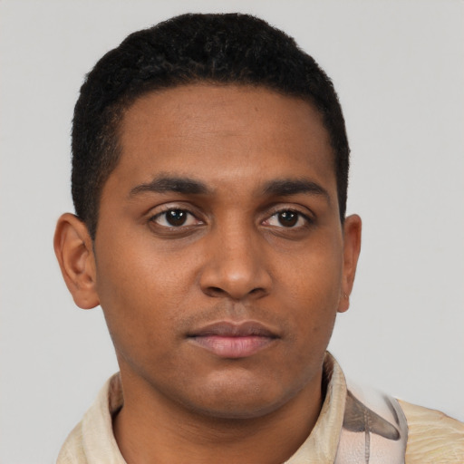 Neutral latino young-adult male with short  brown hair and brown eyes