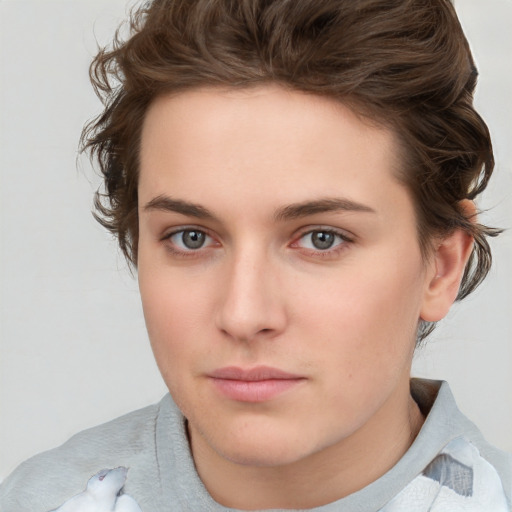 Neutral white young-adult female with short  brown hair and brown eyes