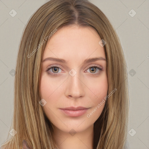 Neutral white young-adult female with long  brown hair and brown eyes