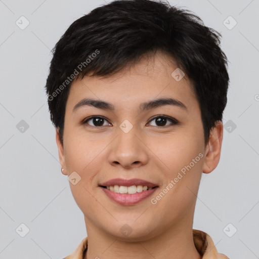 Joyful white young-adult female with short  brown hair and brown eyes