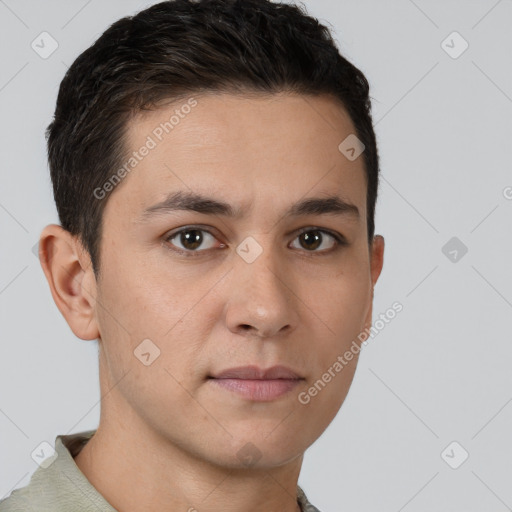 Neutral white young-adult male with short  brown hair and brown eyes