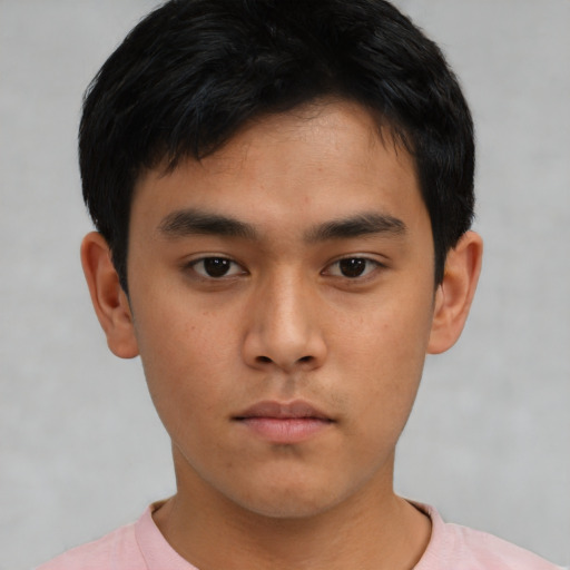 Neutral asian young-adult male with short  black hair and brown eyes