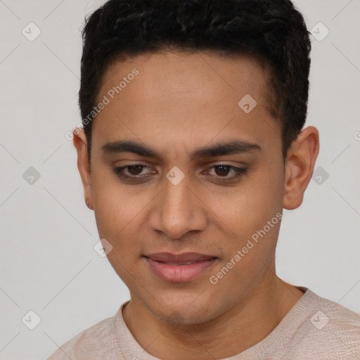 Joyful latino young-adult male with short  brown hair and brown eyes