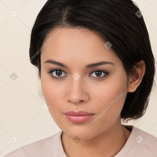 Neutral white young-adult female with medium  brown hair and brown eyes