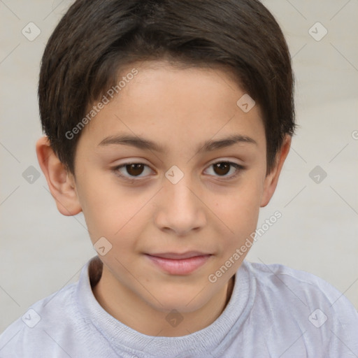 Joyful white child female with short  brown hair and brown eyes