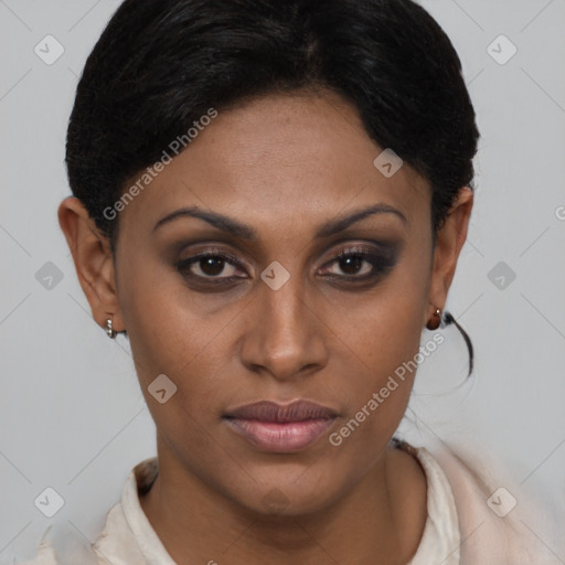 Joyful latino young-adult female with short  brown hair and brown eyes