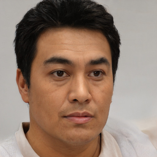 Neutral asian young-adult male with short  brown hair and brown eyes
