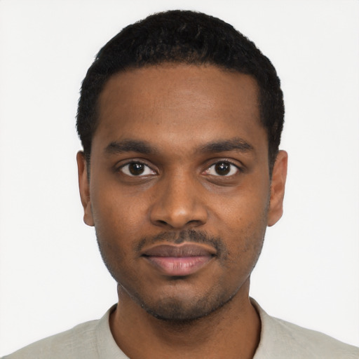 Neutral black young-adult male with short  black hair and brown eyes