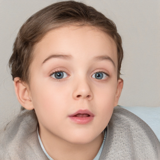 Neutral white child female with medium  brown hair and blue eyes