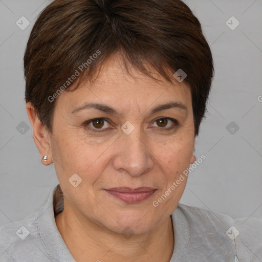 Joyful white adult female with short  brown hair and brown eyes